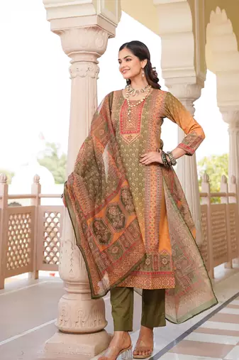 Women olive rayon blend ethnic motifs printed straight kurta trouser with dupatta