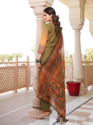 Women olive rayon blend ethnic motifs printed straight kurta trouser with dupatta 4