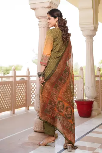 Women olive rayon blend ethnic motifs printed straight kurta trouser with dupatta
