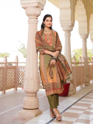 Women olive rayon blend ethnic motifs printed straight kurta trouser with dupatta 5