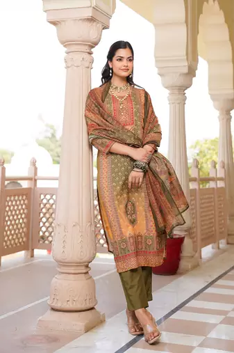 Women olive rayon blend ethnic motifs printed straight kurta trouser with dupatta