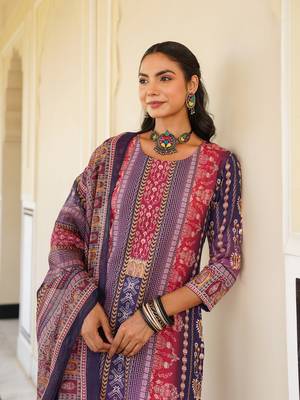 Women purple rayon blend ethnic motifs printed straight kurta trouser with dupatta 2