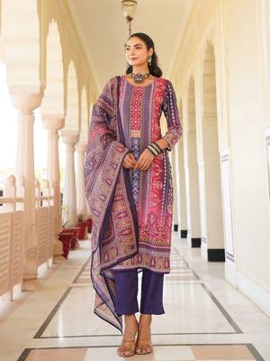 Women purple rayon blend ethnic motifs printed straight kurta trouser with dupatta 1