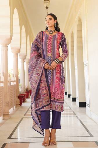 Women purple rayon blend ethnic motifs printed straight kurta trouser with dupatta