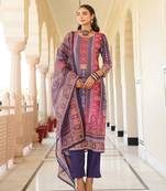 Women purple rayon blend ethnic motifs printed straight kurta trouser with dupatta