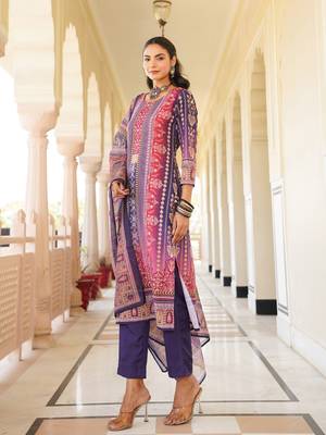 Women purple rayon blend ethnic motifs printed straight kurta trouser with dupatta 3