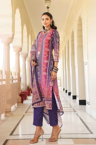 Women purple rayon blend ethnic motifs printed straight kurta trouser with dupatta