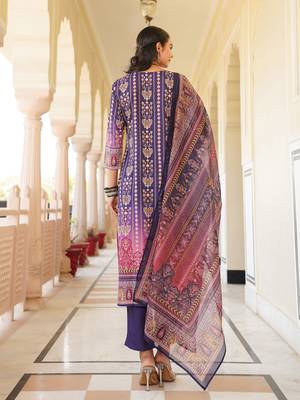 Women purple rayon blend ethnic motifs printed straight kurta trouser with dupatta 4