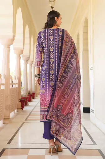 Women purple rayon blend ethnic motifs printed straight kurta trouser with dupatta