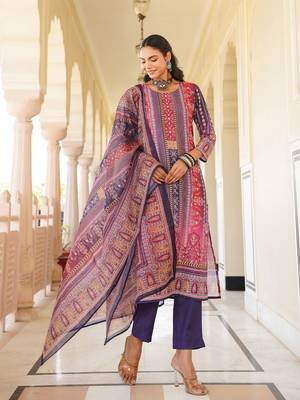 Women purple rayon blend ethnic motifs printed straight kurta trouser with dupatta 5
