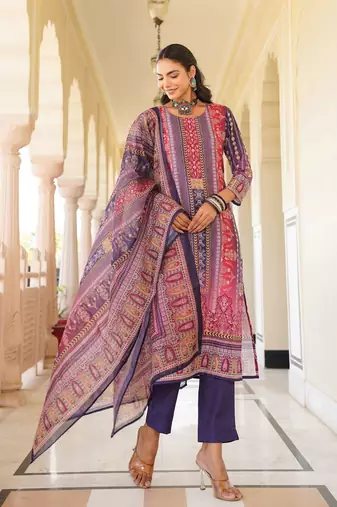 Women purple rayon blend ethnic motifs printed straight kurta trouser with dupatta