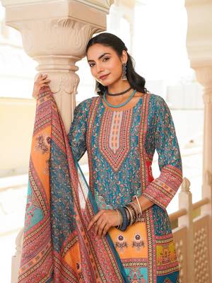 Women blue rayon blend ethnic motifs printed straight kurta trouser with dupatta 1