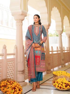 Women blue rayon blend ethnic motifs printed straight kurta trouser with dupatta 2