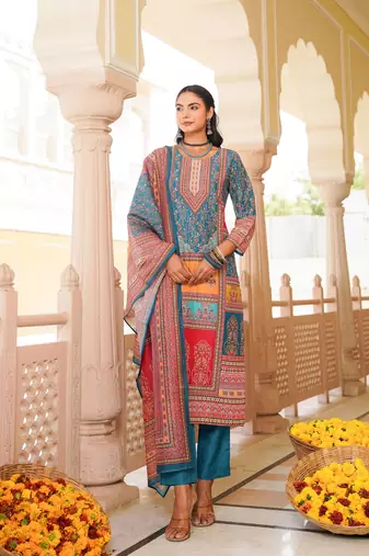 Women blue rayon blend ethnic motifs printed straight kurta trouser with dupatta