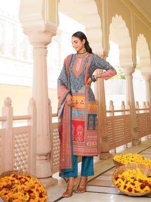 Women blue rayon blend ethnic motifs printed straight kurta trouser with dupatta 3