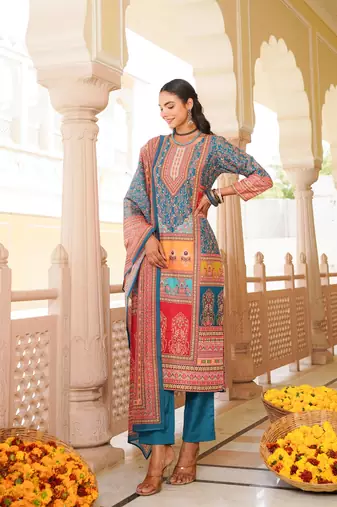 Women blue rayon blend ethnic motifs printed straight kurta trouser with dupatta