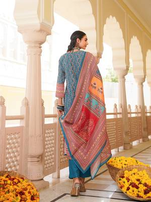 Women blue rayon blend ethnic motifs printed straight kurta trouser with dupatta 4