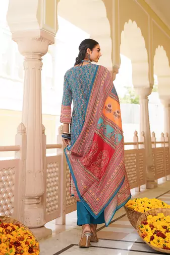 Women blue rayon blend ethnic motifs printed straight kurta trouser with dupatta