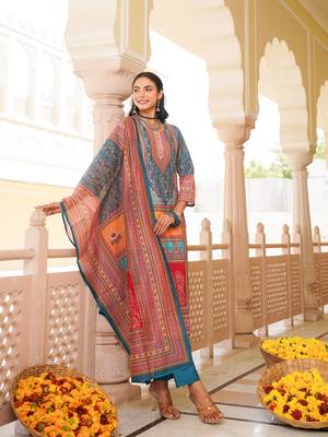 Women blue rayon blend ethnic motifs printed straight kurta trouser with dupatta 5