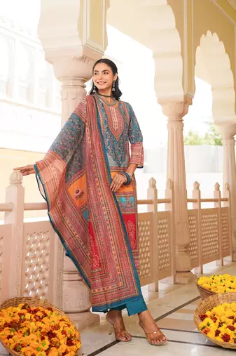 Women blue rayon blend ethnic motifs printed straight kurta trouser with dupatta