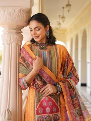 Women yellow rayon blend ethnic motifs printed straight kurta trouser with dupatta 2