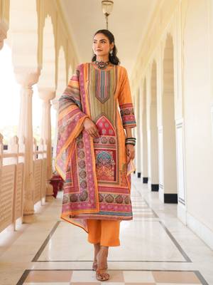 Women yellow rayon blend ethnic motifs printed straight kurta trouser with dupatta 1