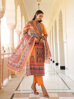 Women yellow rayon blend ethnic motifs printed straight kurta trouser with dupatta 3