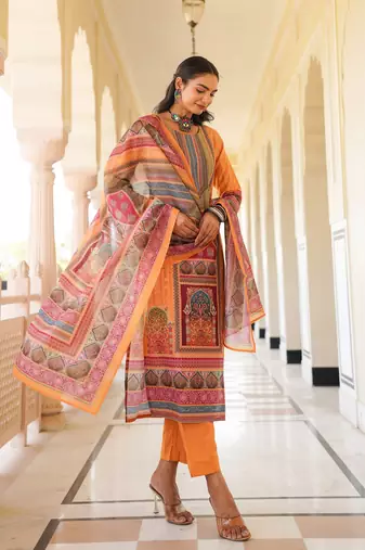 Women yellow rayon blend ethnic motifs printed straight kurta trouser with dupatta