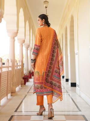 Women yellow rayon blend ethnic motifs printed straight kurta trouser with dupatta 4