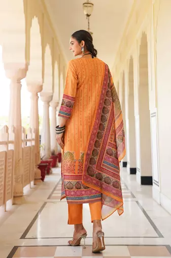Women yellow rayon blend ethnic motifs printed straight kurta trouser with dupatta