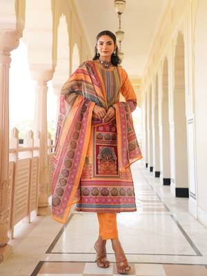 Women yellow rayon blend ethnic motifs printed straight kurta trouser with dupatta 5