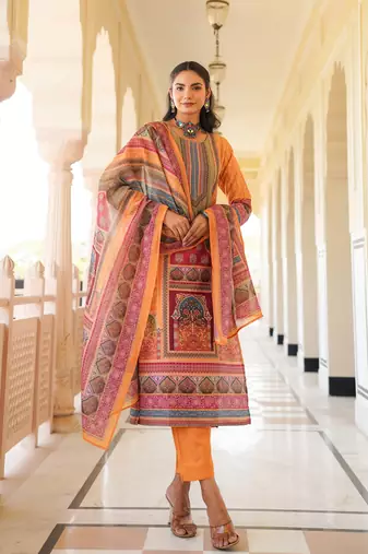 Women yellow rayon blend ethnic motifs printed straight kurta trouser with dupatta