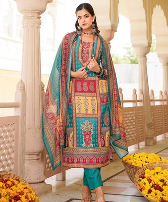 Women blue rayon blend ethnic motifs printed straight kurta trouser with dupatta 1