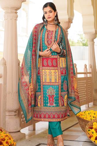 Women blue rayon blend ethnic motifs printed straight kurta trouser with dupatta