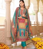 Women blue rayon blend ethnic motifs printed straight kurta trouser with dupatta