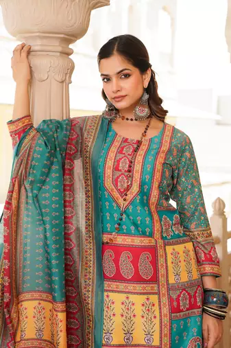 Women blue rayon blend ethnic motifs printed straight kurta trouser with dupatta