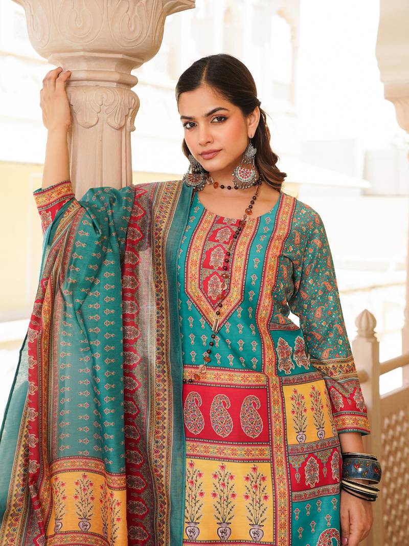 Women blue rayon blend ethnic motifs printed straight kurta trouser with dupatta