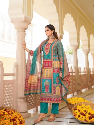 Women blue rayon blend ethnic motifs printed straight kurta trouser with dupatta 3