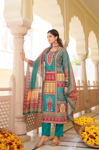 Women blue rayon blend ethnic motifs printed straight kurta trouser with dupatta