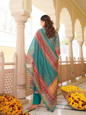 Women blue rayon blend ethnic motifs printed straight kurta trouser with dupatta 4