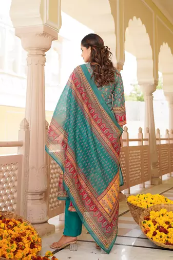 Women blue rayon blend ethnic motifs printed straight kurta trouser with dupatta