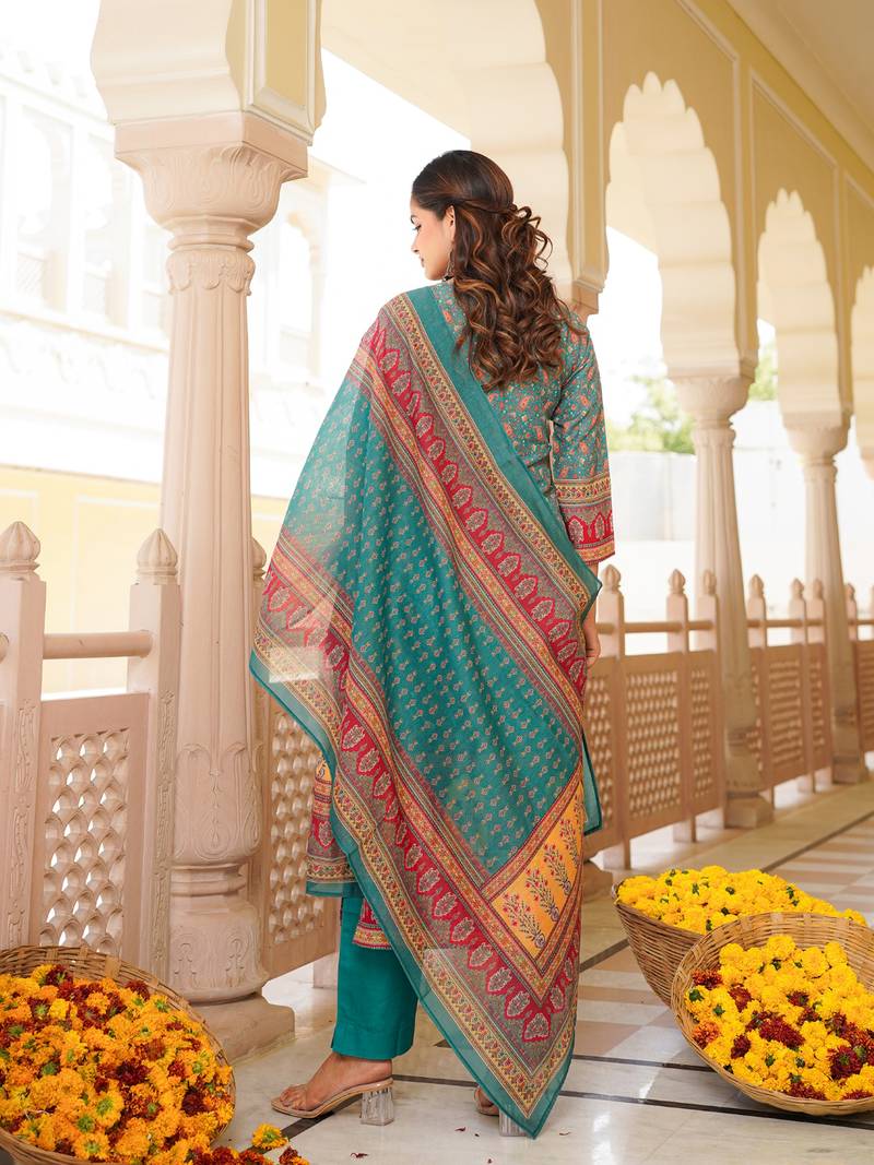 Women blue rayon blend ethnic motifs printed straight kurta trouser with dupatta