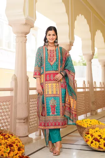 Women blue rayon blend ethnic motifs printed straight kurta trouser with dupatta