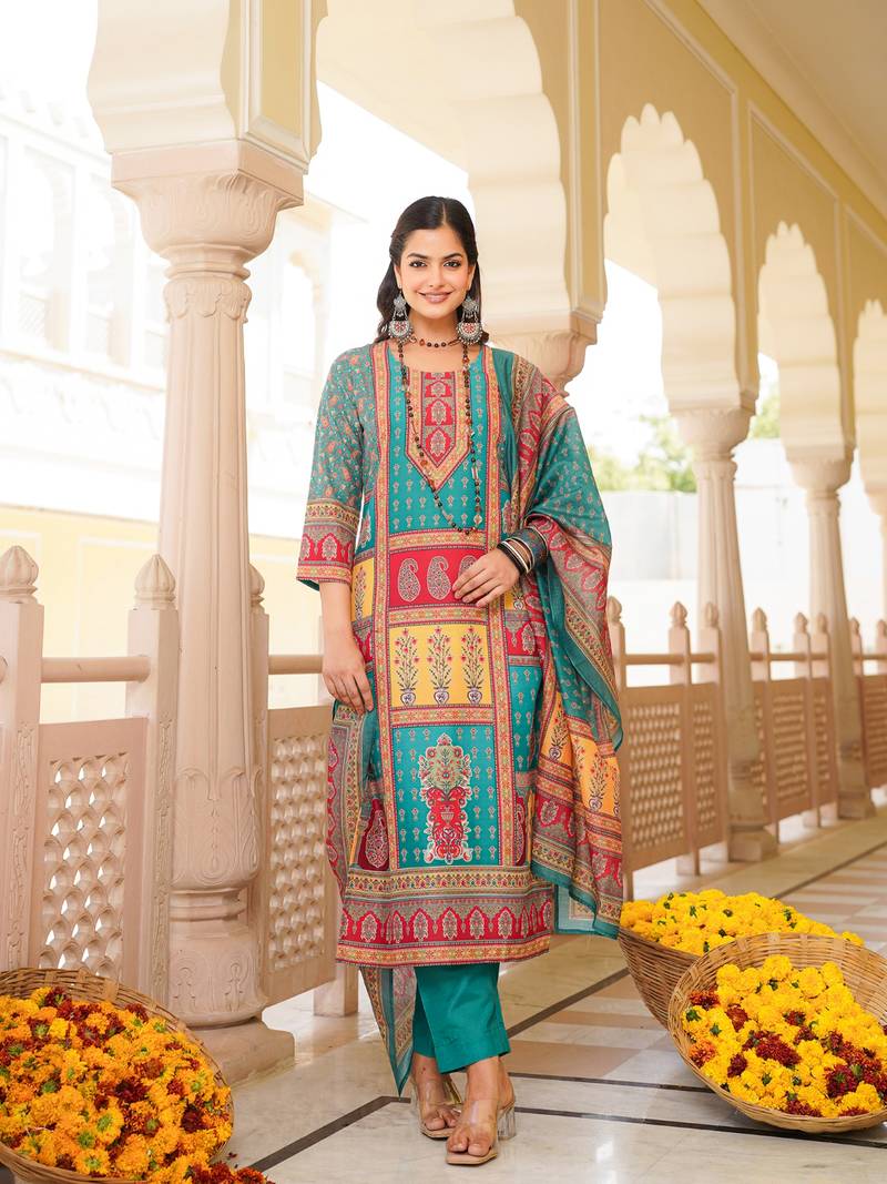 Women blue rayon blend ethnic motifs printed straight kurta trouser with dupatta