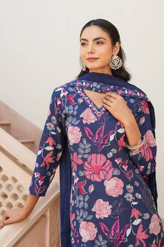 Women blue rayon blend floral printed straight kurta trouser with dupatta