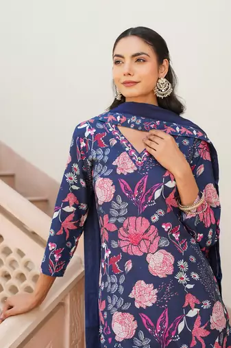 Women blue rayon blend floral printed straight kurta trouser with dupatta