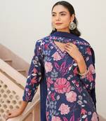 Women blue rayon blend floral printed straight kurta trouser with dupatta