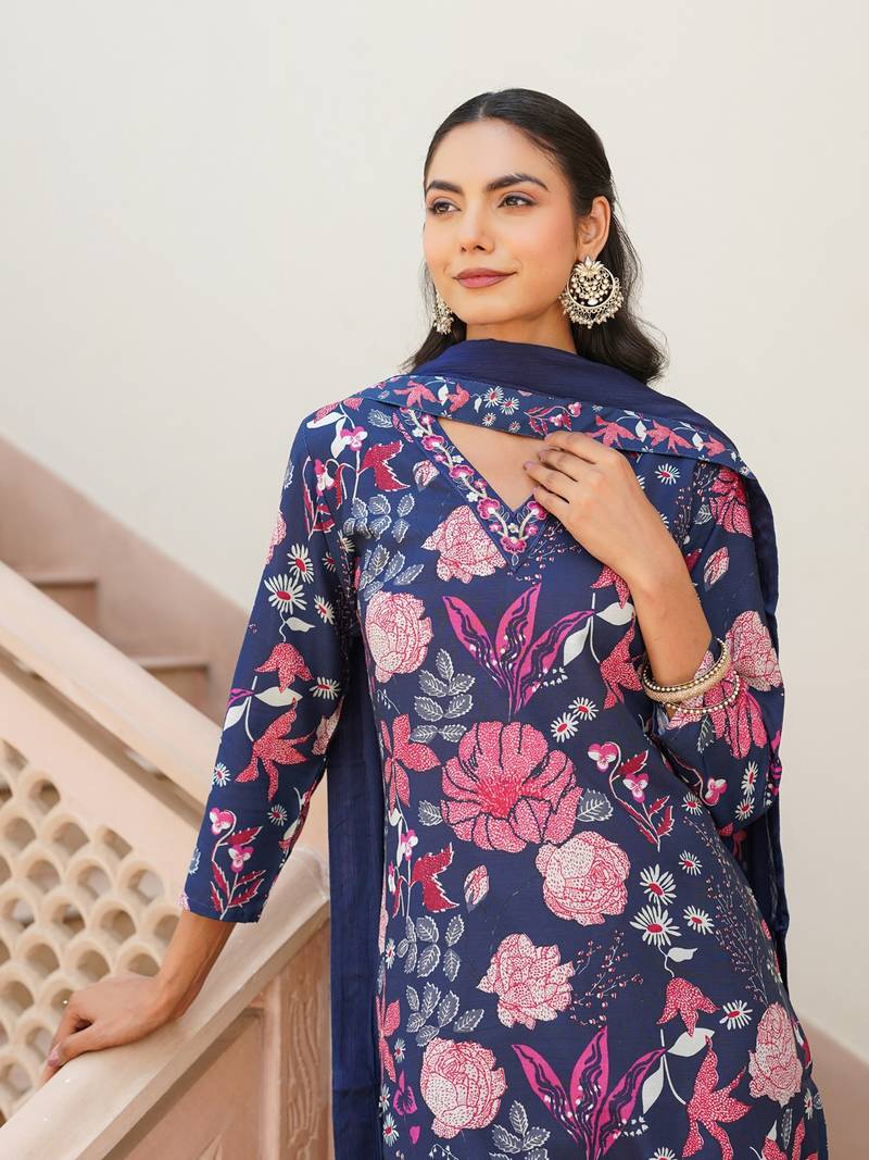 Women blue rayon blend floral printed straight kurta trouser with dupatta