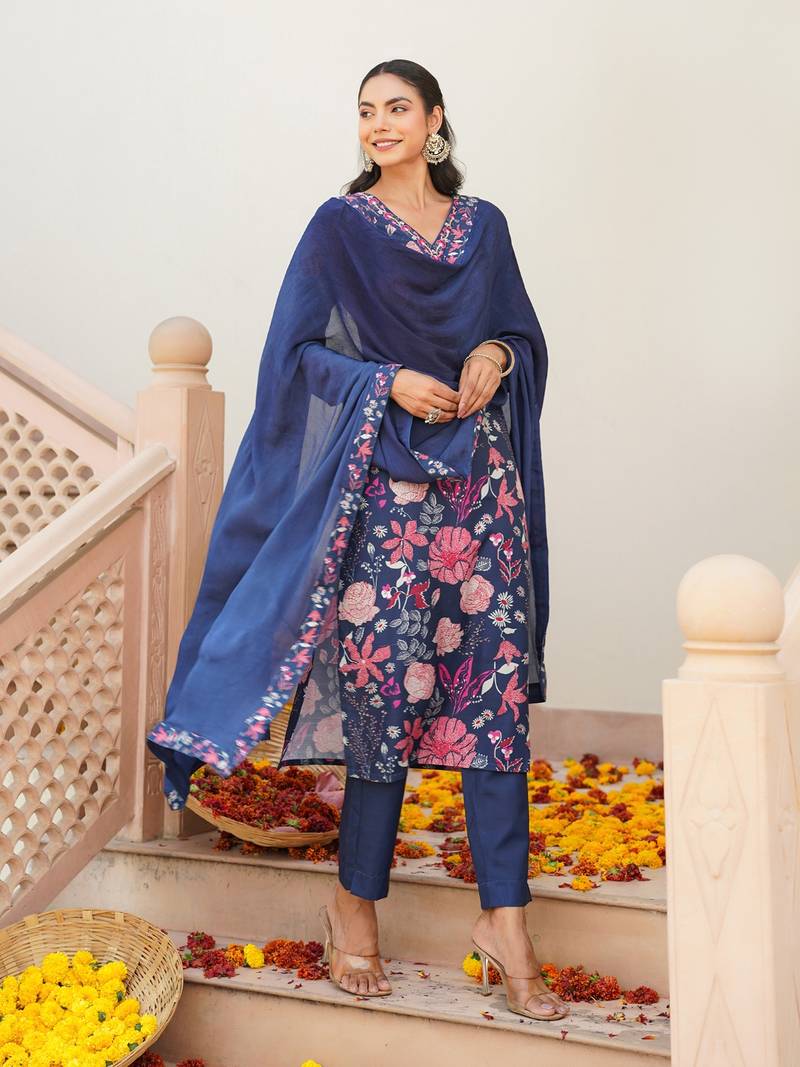 Women blue rayon blend floral printed straight kurta trouser with dupatta