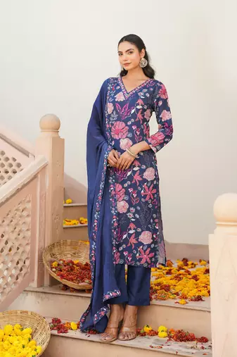 Women blue rayon blend floral printed straight kurta trouser with dupatta